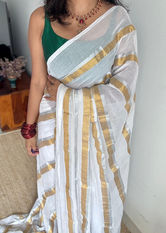 White with gold and silver zari stripes, mul cotton - YCON25BCM59