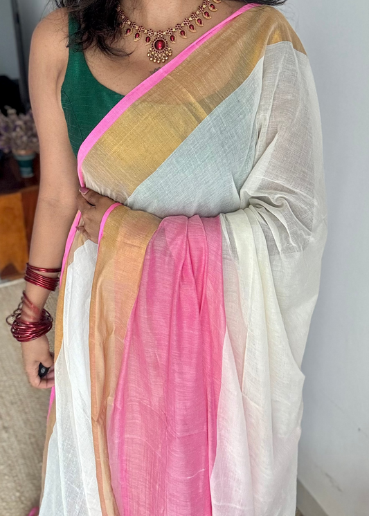 Ivory with dyed pink and bright gold border, mul cotton - YCON25BCM41