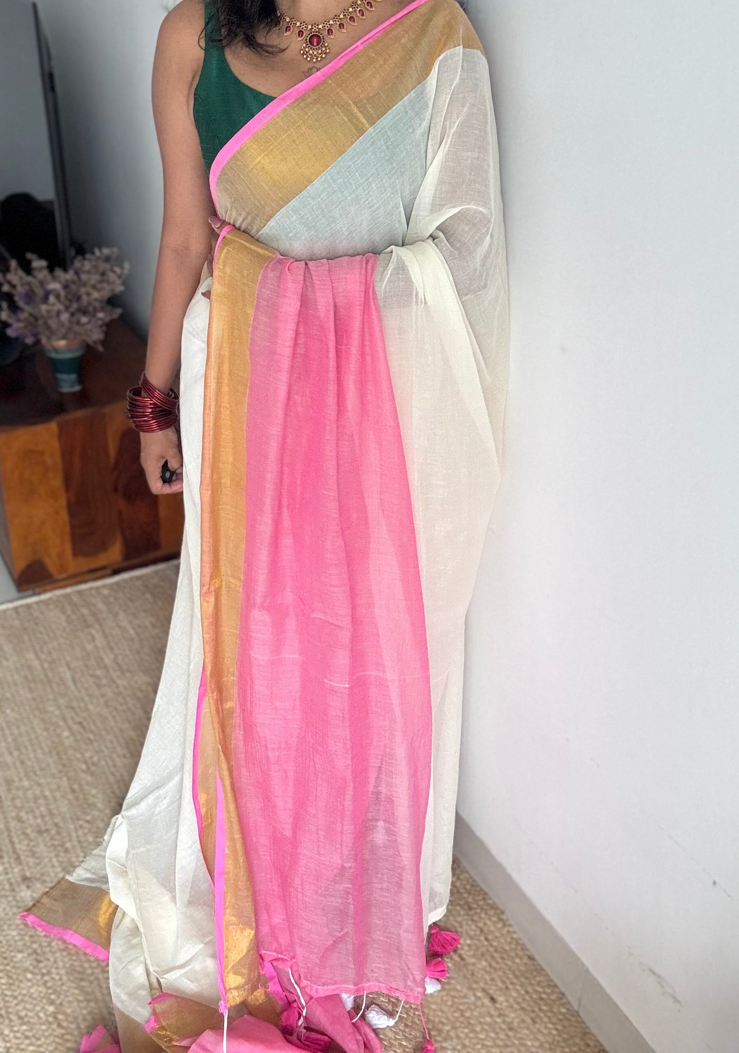 Ivory with dyed pink and bright gold border, mul cotton - YCON25BCM41