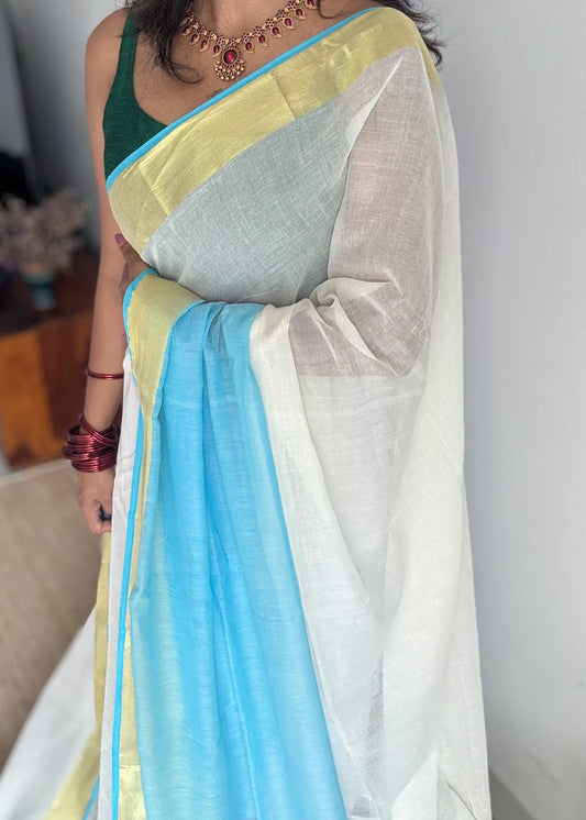 Ivory with dyed blue and antique gold zari border, mul cotton - YCON25BCM24