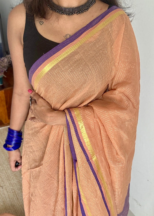 Light peach with violet,zari stripes, mul cotton YCBCMCM08