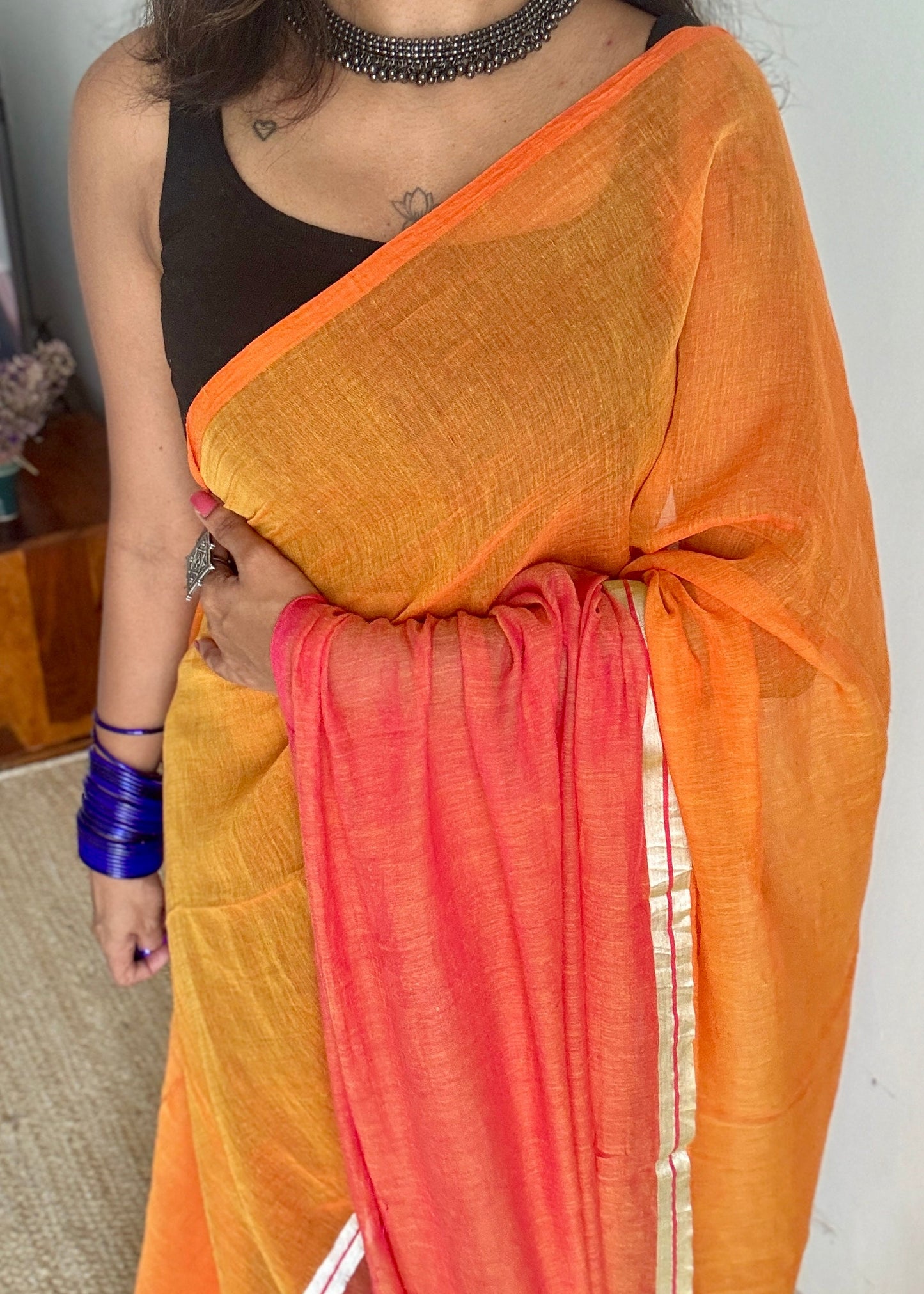 Light orange with watermelon pink, mul cotton YCBCMCM09