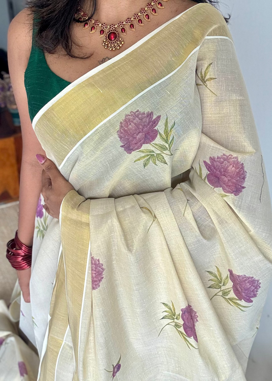 Ivory Kerala Cotton Tissue, Floral Print - YCONKCT220