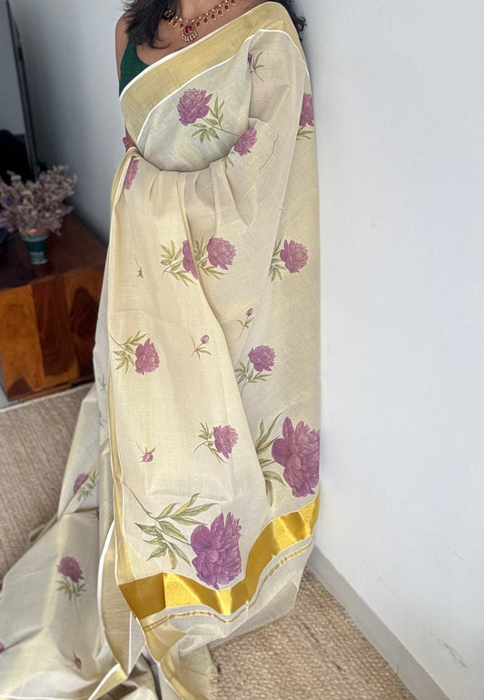 Ivory Kerala Cotton Tissue, Floral Print - YCONKCT220