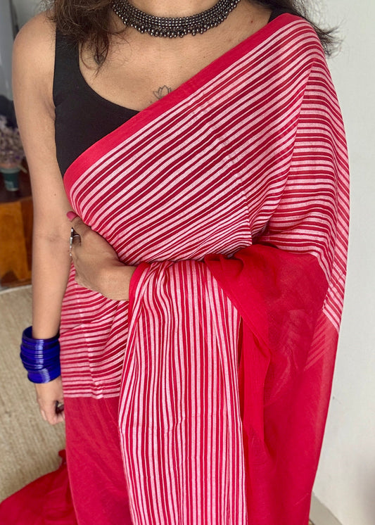 Red with white striped borders, mul cotton YCBCMCM04
