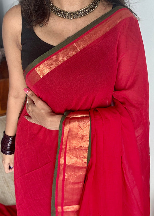 Red with antique gold zari border, mul cotton YCBCMCM07