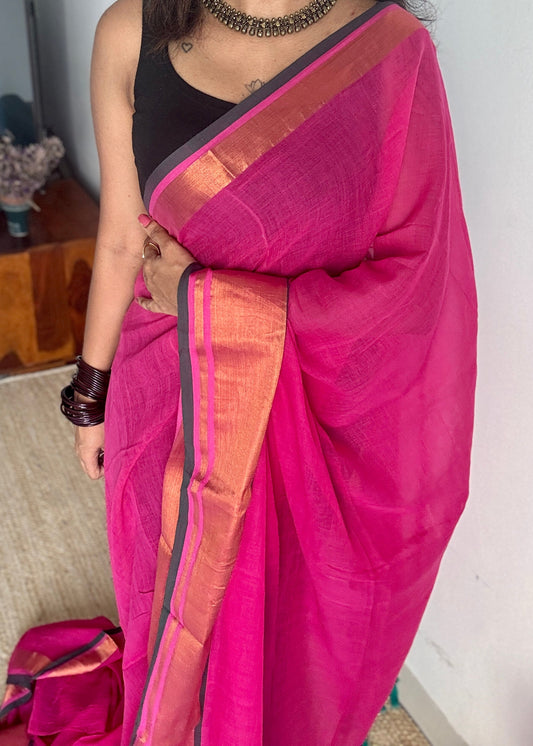 Dark pink with antique gold zari border, mul cotton YCBCMCM06