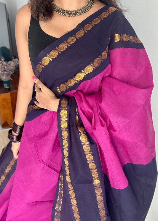 Purple pink with dark blue rudraksham motif border - Madurai Sungudi cotton YCCOTNSRC02