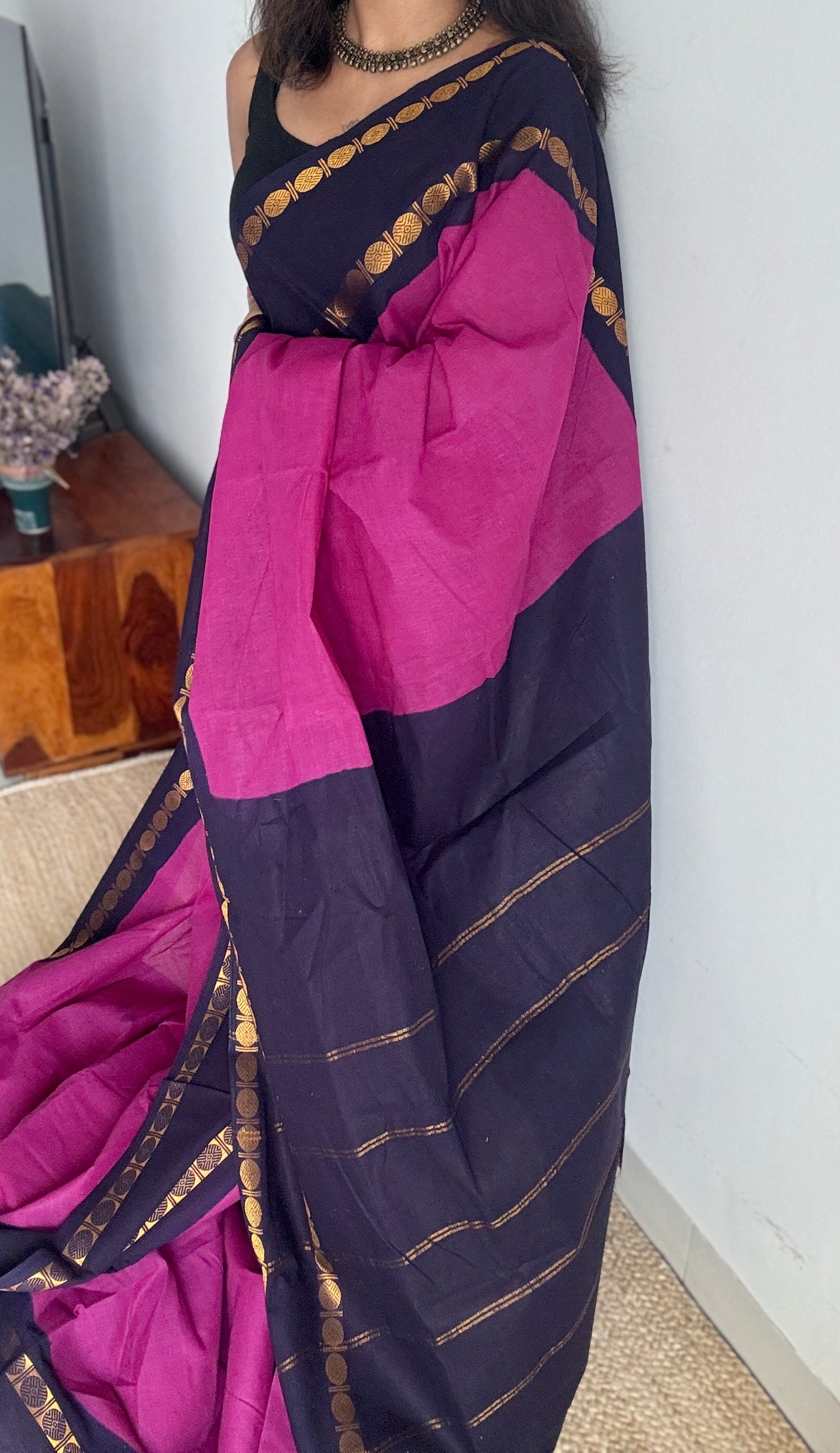 Purple pink with dark blue rudraksham motif border - Madurai Sungudi cotton YCCOTNSRC02