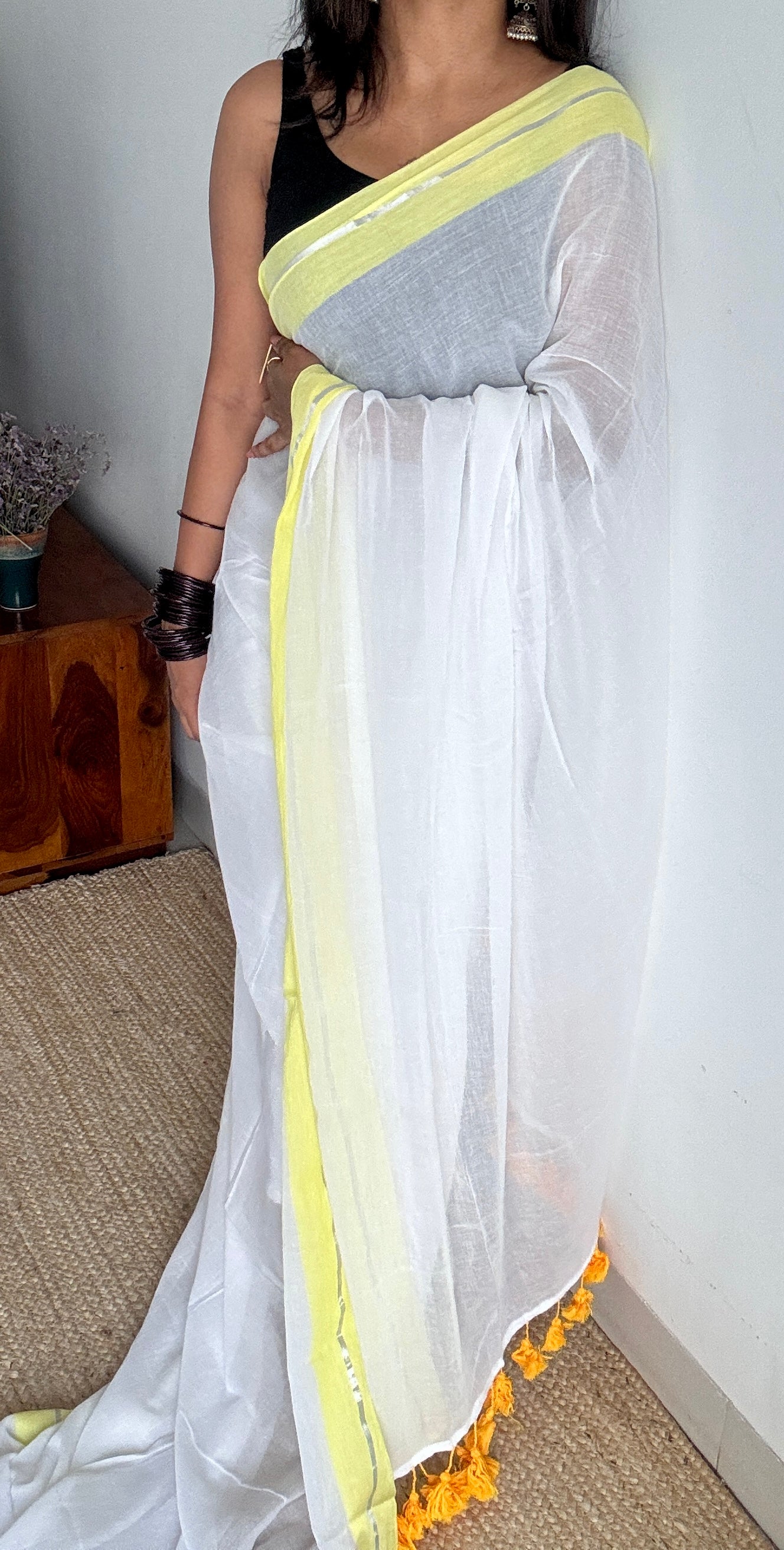 White with Light Yellow Border - Mul Cotton