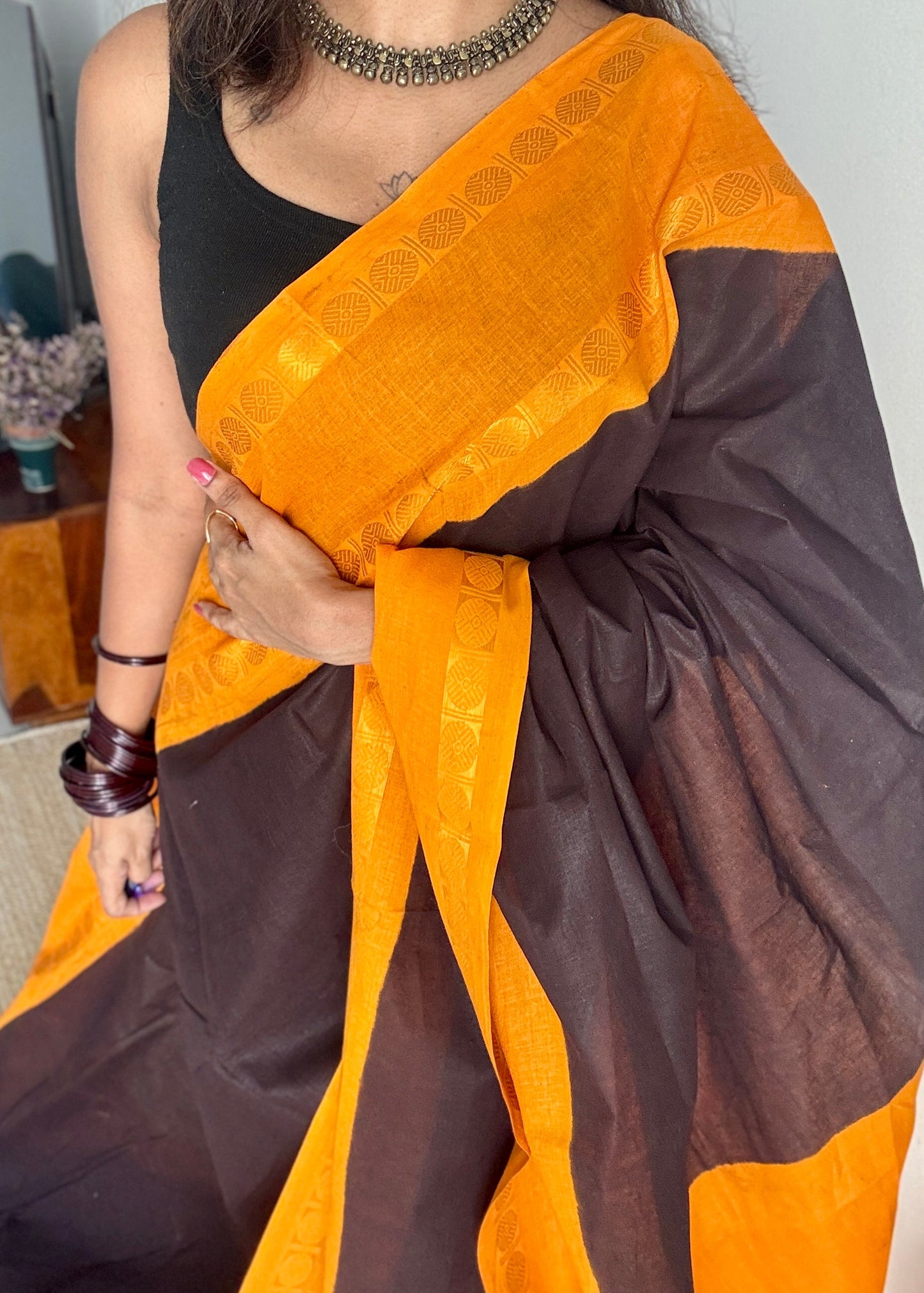 Black with yellow rudraksham motif border - Madurai Sungudi cotton YCCOTNSRC03