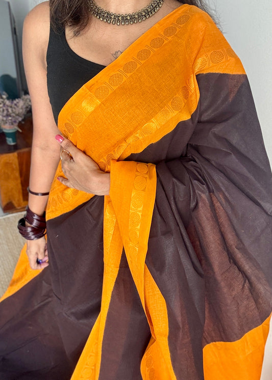Black with yellow rudraksham motif border - Madurai Sungudi cotton YCCOTNSRC03