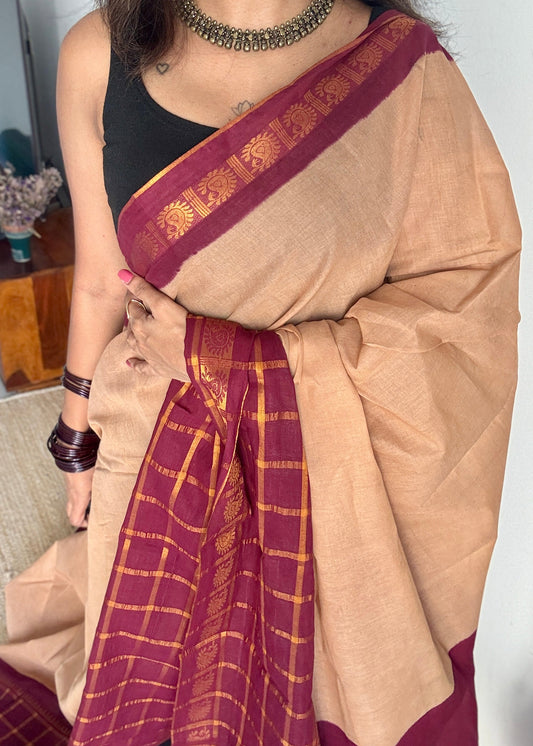 Beige - Maroon Kattam (Checkered) Border - Madurai Sungudi cotton - YCCOTNSKCB07