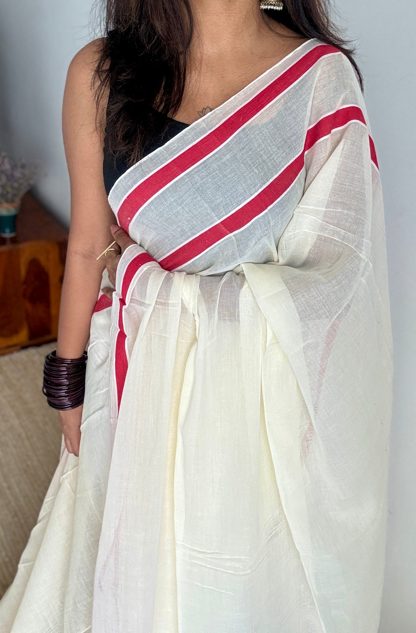 Off White with Red Stripes - Mul cotton