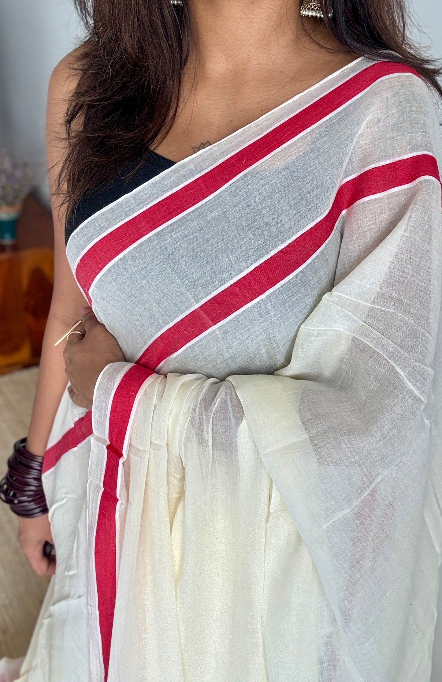 Off White with Red Stripes - Mul cotton