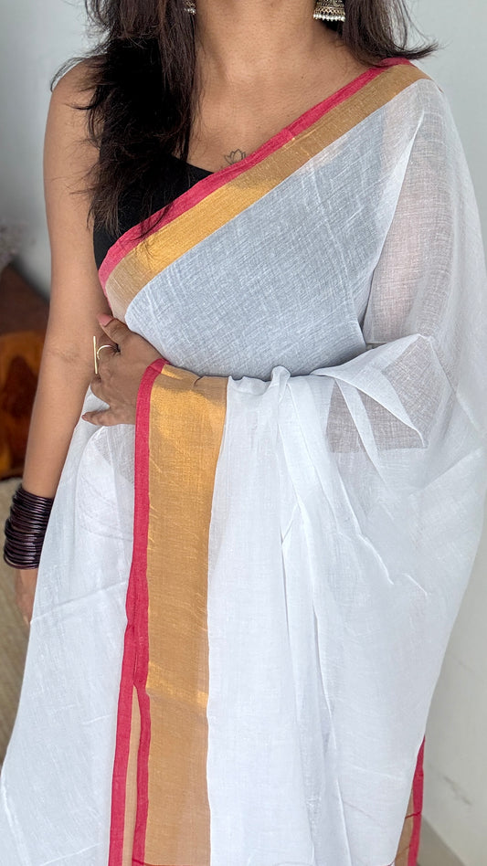 White with Gold Zari - Mul Cotton YCBCM06