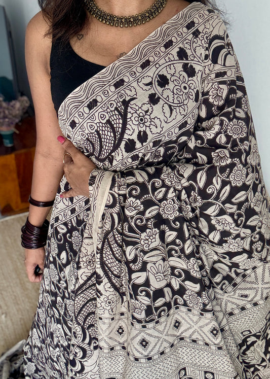 Black kalamkari, cream floral vines, soft cotton YCWOTDK10