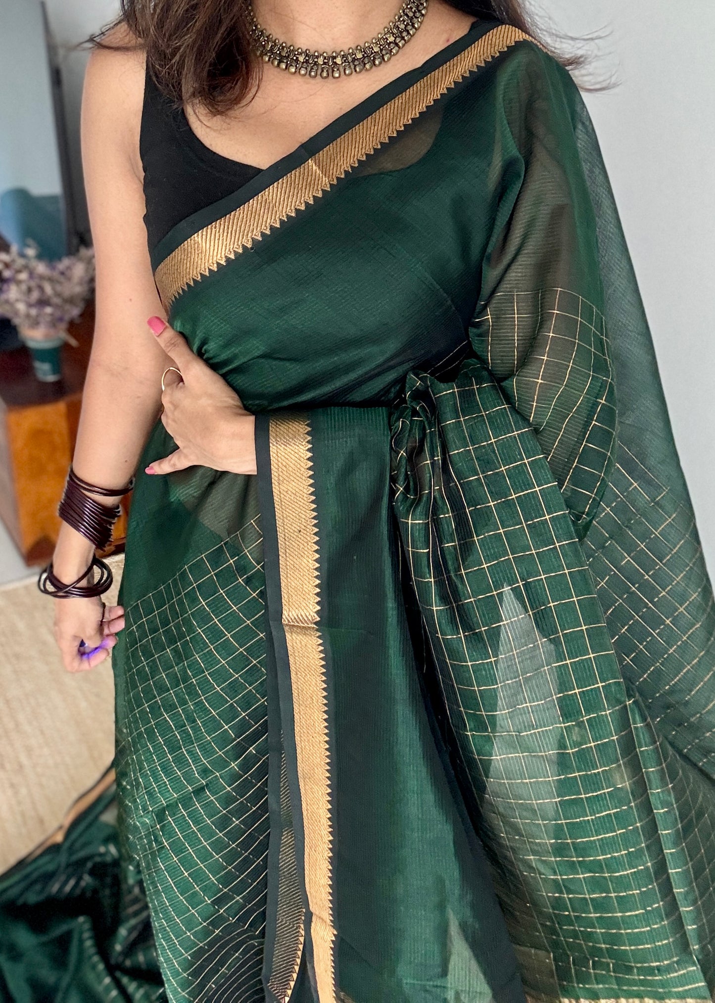 Green checks, mangalgiri silk by silk, handwoven, soft, light weight- YCWOTDMSCM17