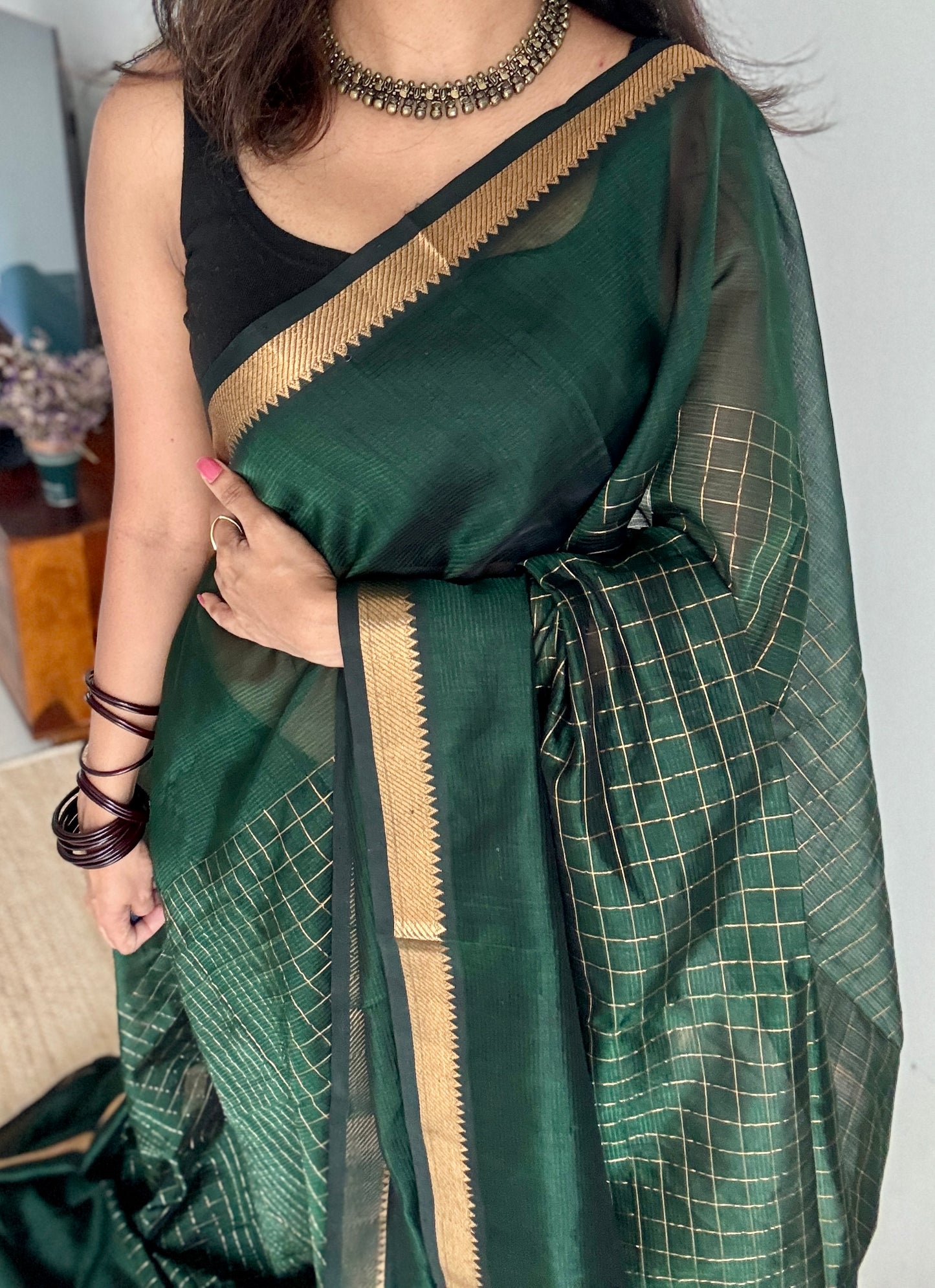 Green checks, mangalgiri silk by silk, handwoven, soft, light weight- YCWOTDMSCM17