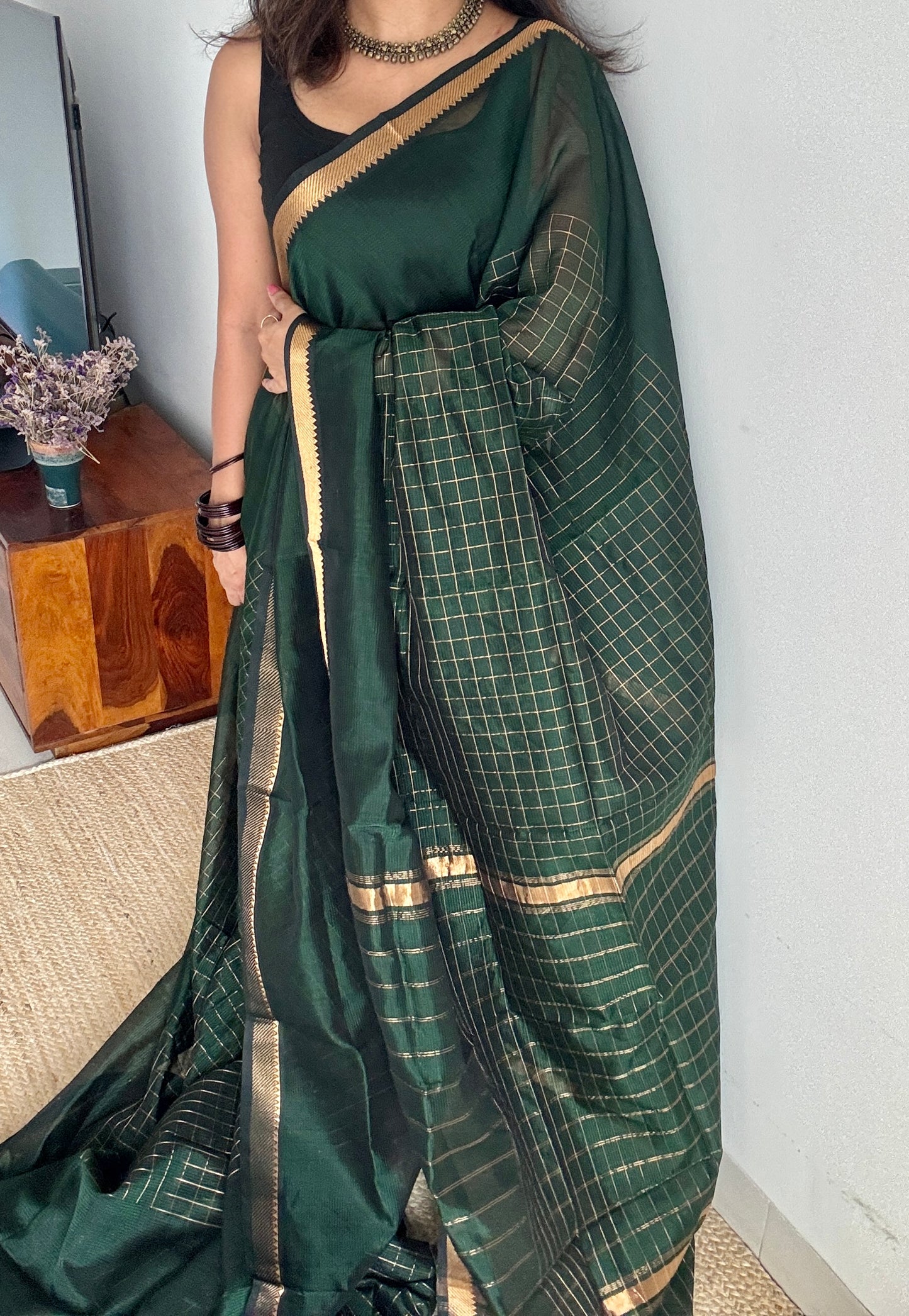 Green checks, mangalgiri silk by silk, handwoven, soft, light weight- YCWOTDMSCM17