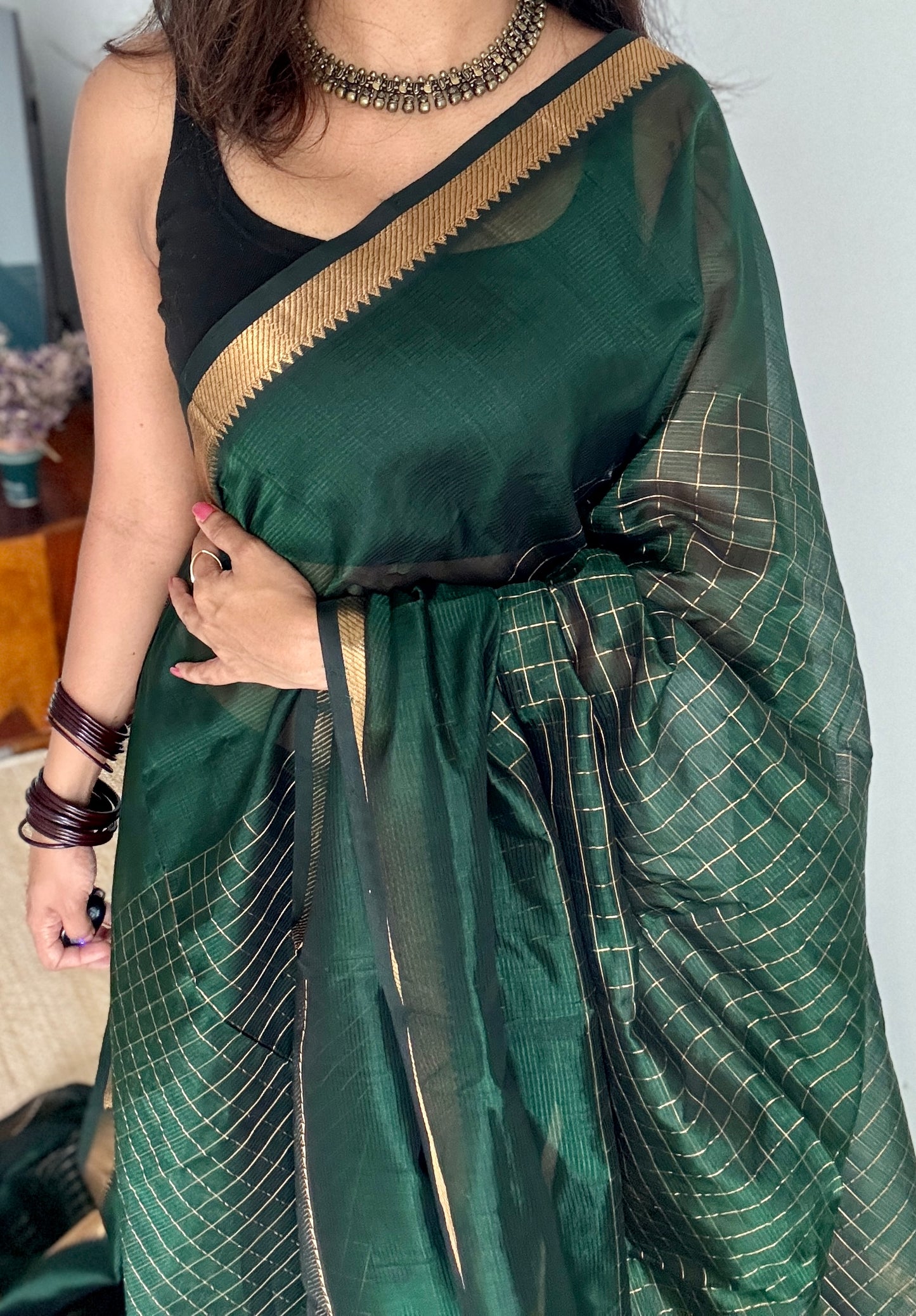 Green checks, mangalgiri silk by silk, handwoven, soft, light weight- YCWOTDMSCM17