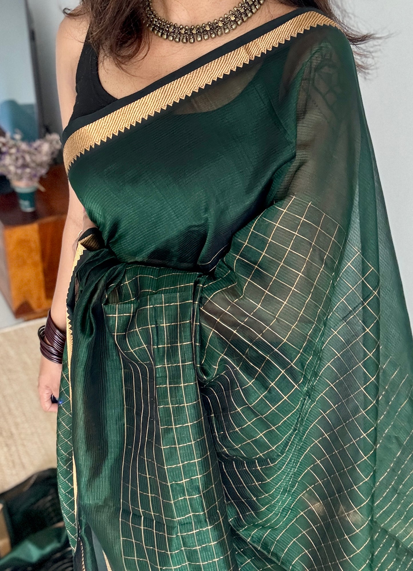 Green checks, mangalgiri silk by silk, handwoven, soft, light weight- YCWOTDMSCM17
