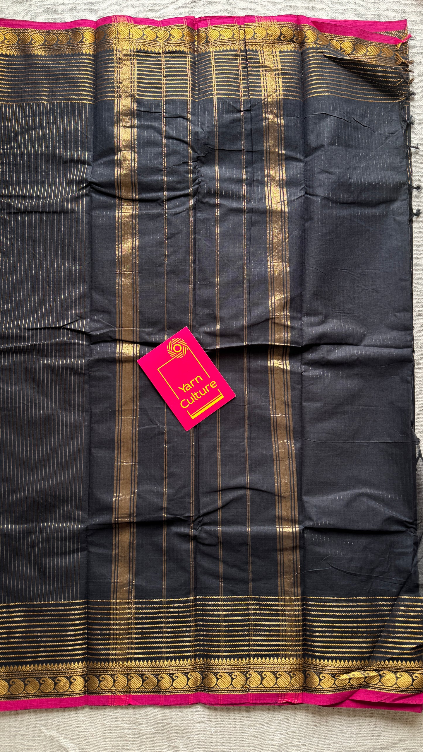 Black with gold stripes, pink motif border - Kanchi Cotton - YCCOTNCLS01