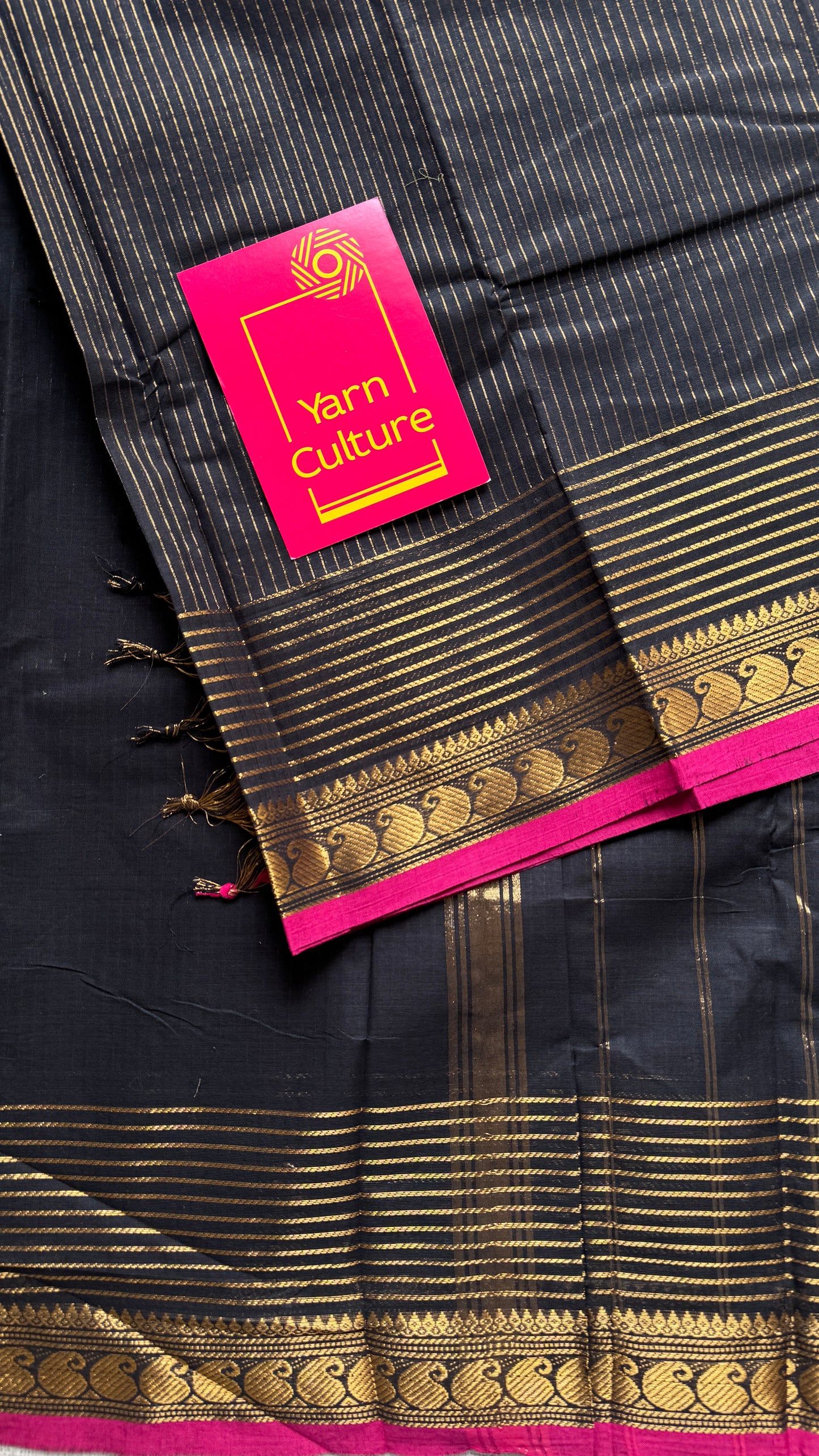Black with gold stripes, pink motif border - Kanchi Cotton - YCCOTNCLS01