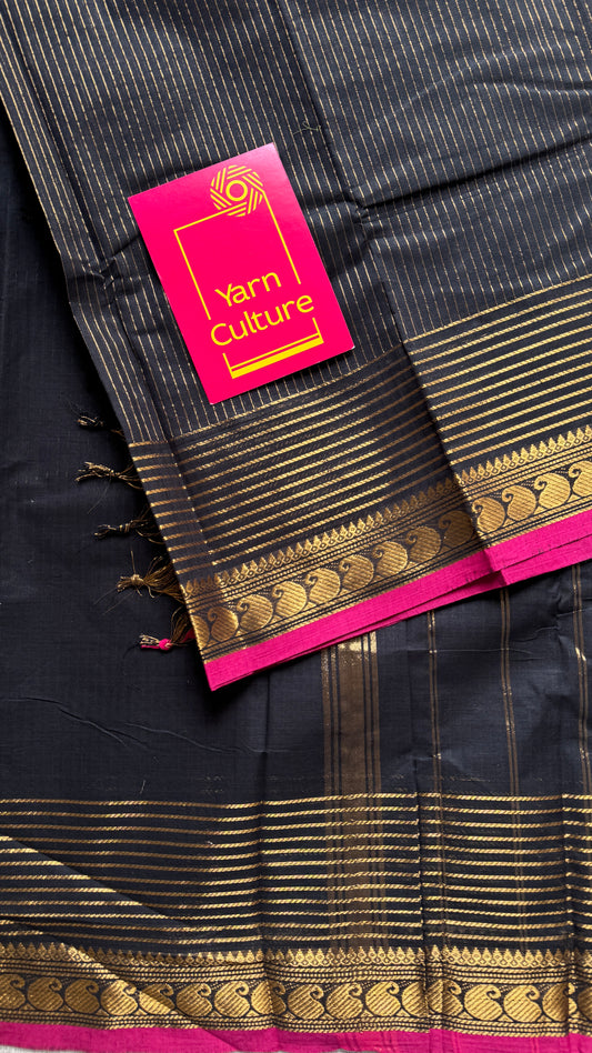 Black with gold stripes, pink motif border - Kanchi Cotton - YCCOTNCLWB09