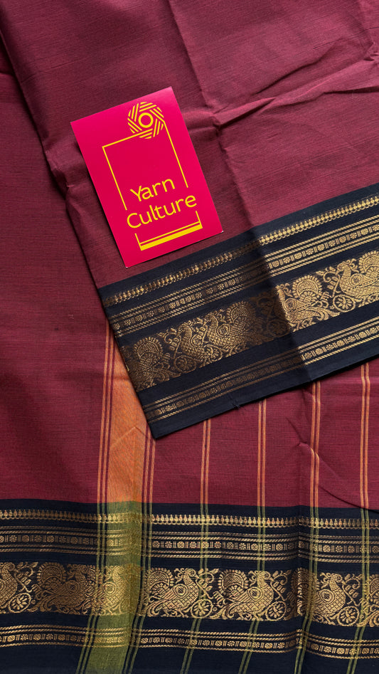 Maroon with Black Contrast Peacock Motif Border - Chettinad Cotton - YCCOTNCLWB08