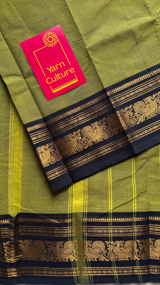 Green with Black Contrast Peacock Motif Border - Chettinad Cotton - YCCOTNCLWB09