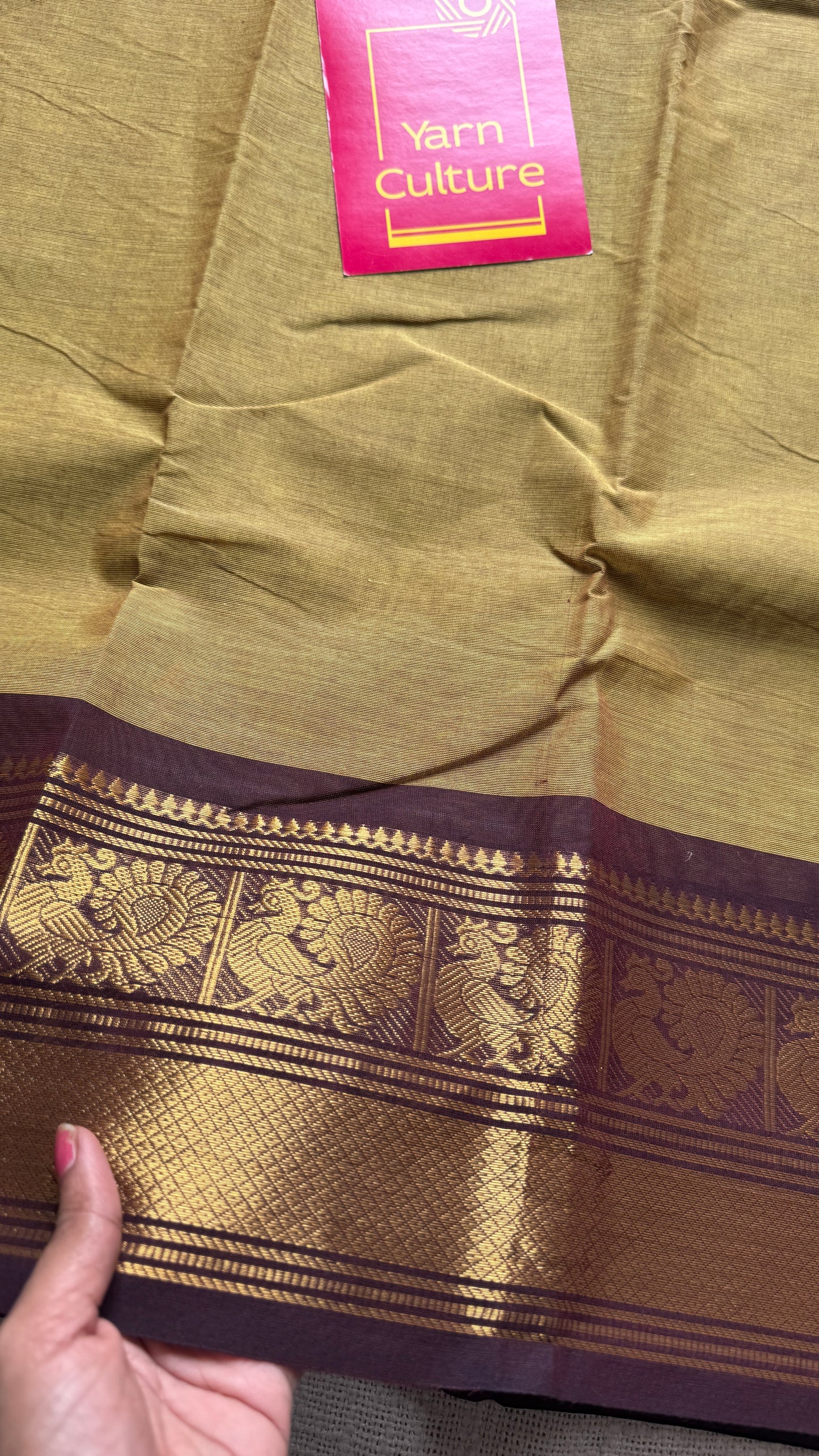 Light Green with Brown Contrast Peacock Motif Border (single side) - Chettinad Cotton - YCCOTNCLWB07