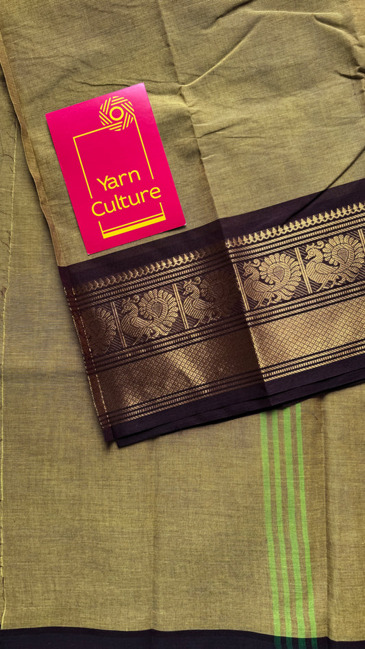 Light Green with Brown Contrast Peacock Motif Border (single side) - Chettinad Cotton - YCCOTNCLWB07