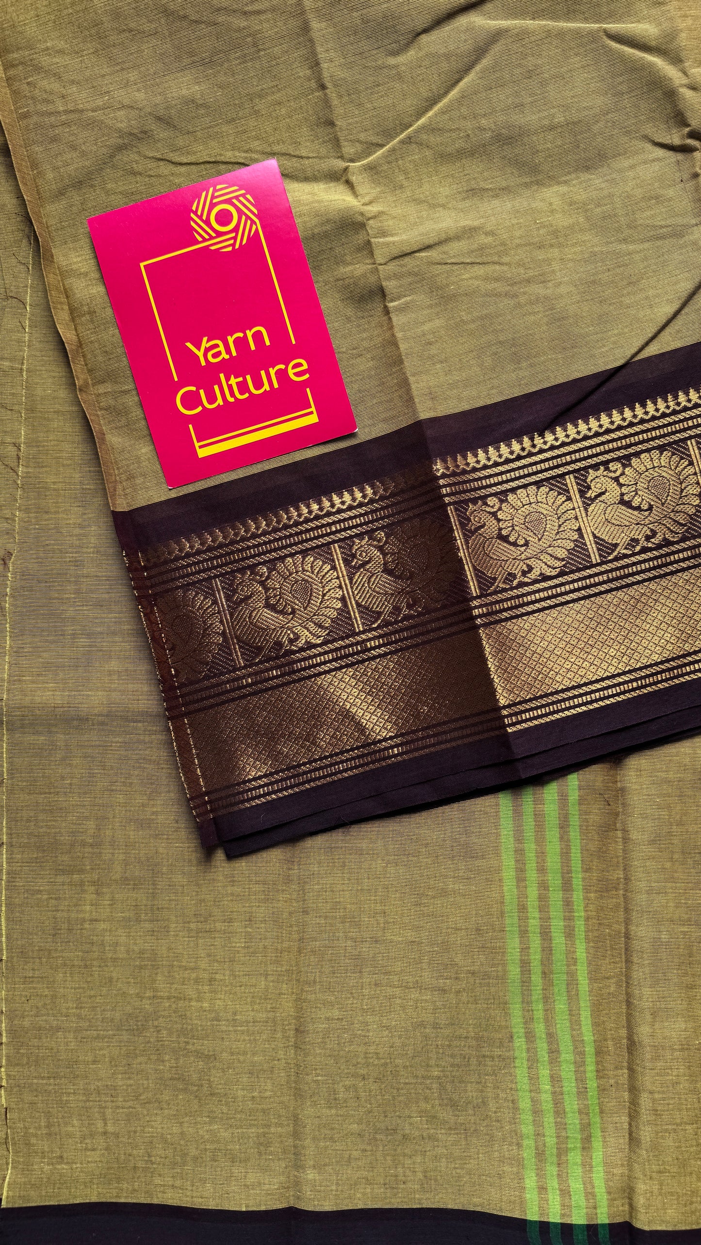 Light Green with Brown Contrast Peacock Motif Border (single side) - Chettinad Cotton - YCCOTNCLWB07