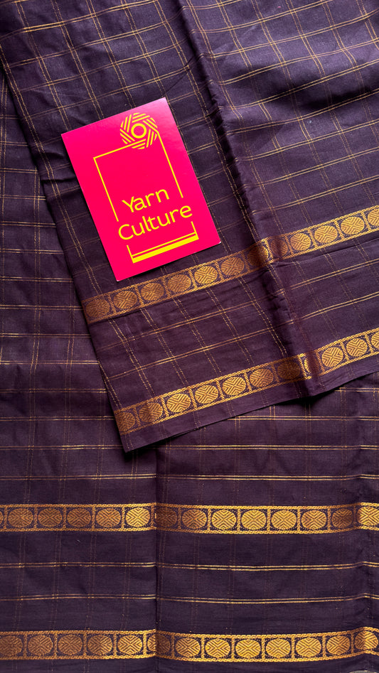 Purple Brown adayar zari kattam, sungudi cotton, with contrast blouse fabric - YCCOTNAZKR02