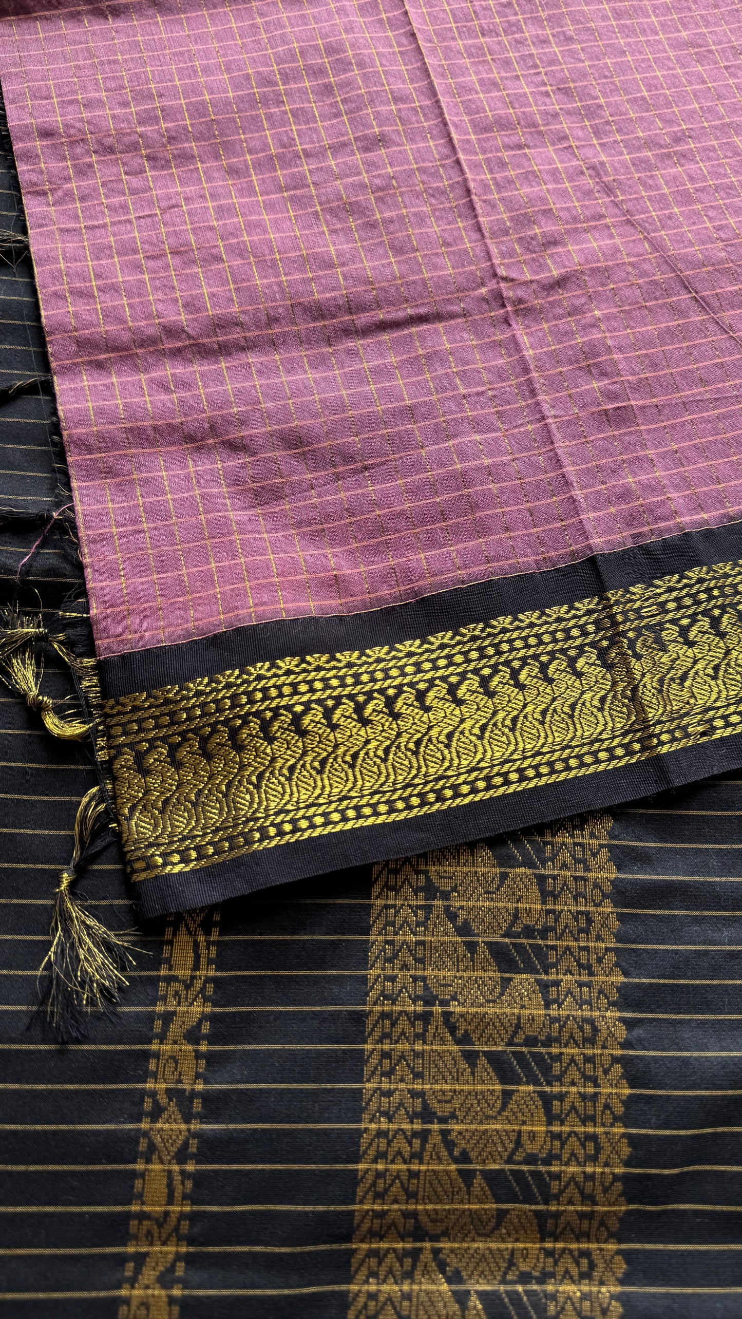 Copper rose with black contrast border, checkered - Kalyani Cotton Silk - YCCOTNKCSC12