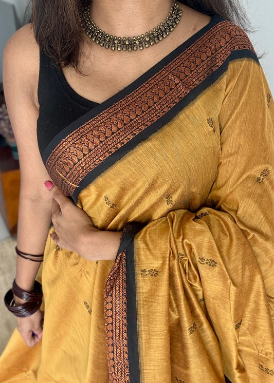 Yellow with black contrast - Kalyani Cotton Silk - YCCOTNKCSB06