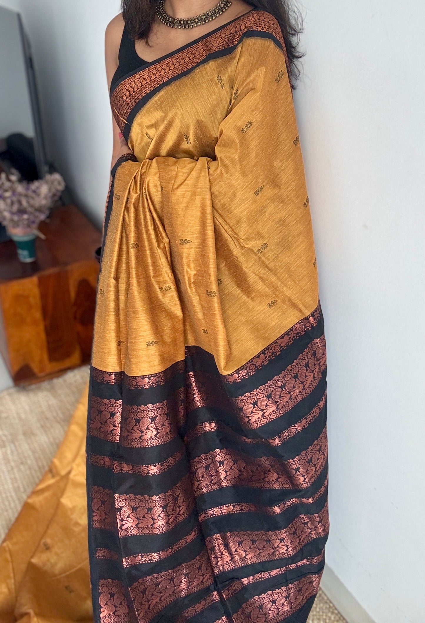 Yellow with black contrast - Kalyani Cotton Silk - YCCOTNKCSB06