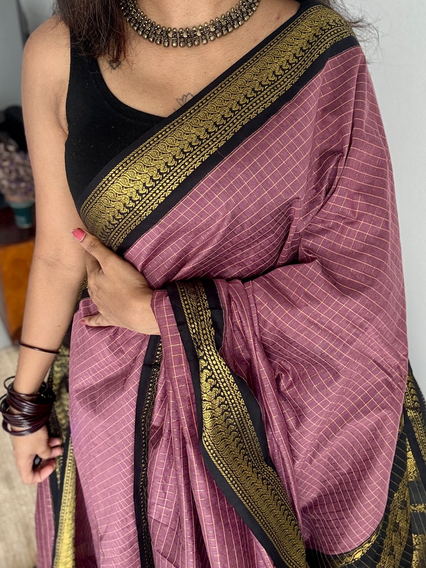 Copper rose with black contrast border, checkered - Kalyani Cotton Silk - YCCOTNKCSC12