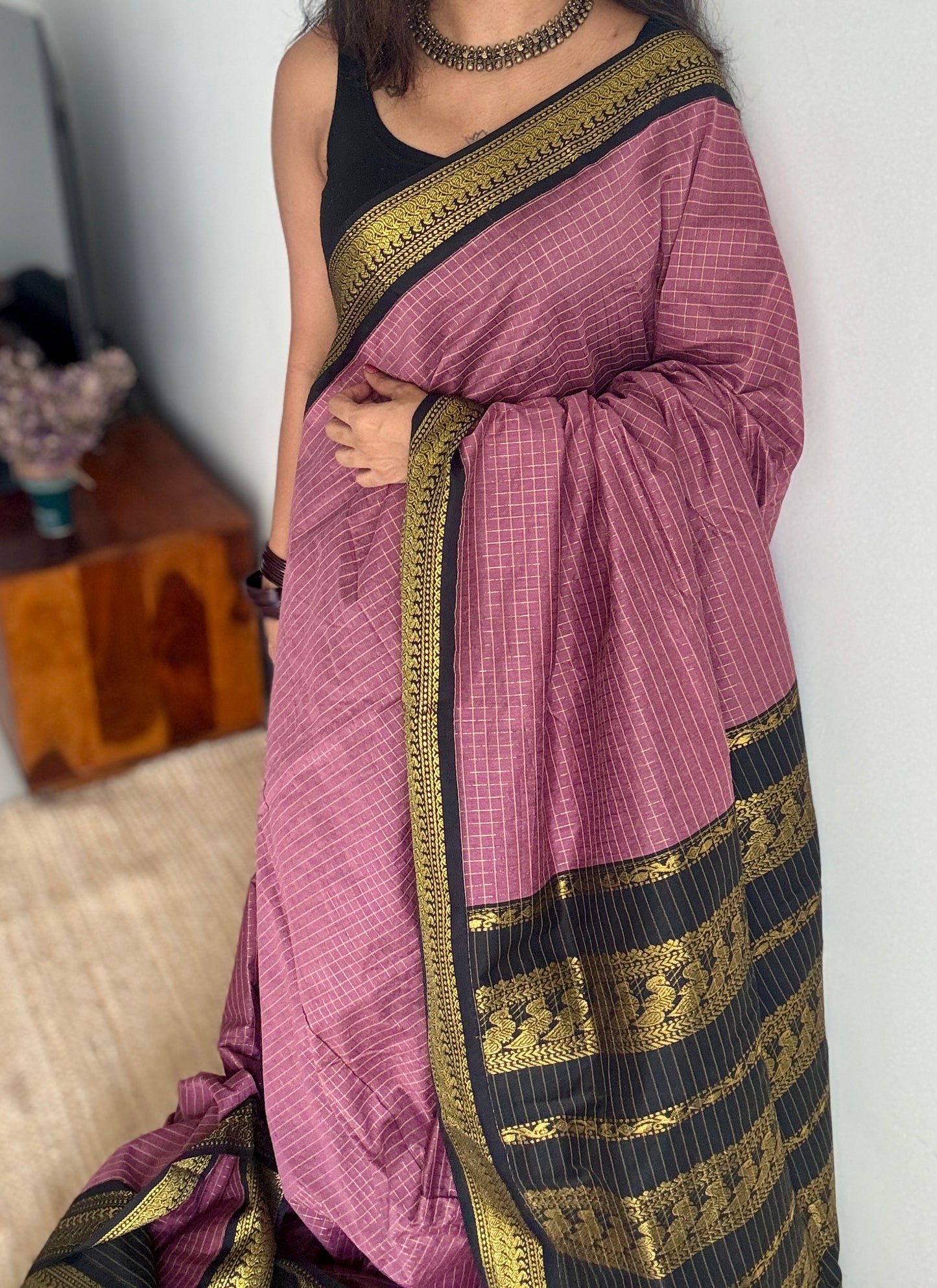 Copper rose with black contrast border, checkered - Kalyani Cotton Silk - YCCOTNKCSC12