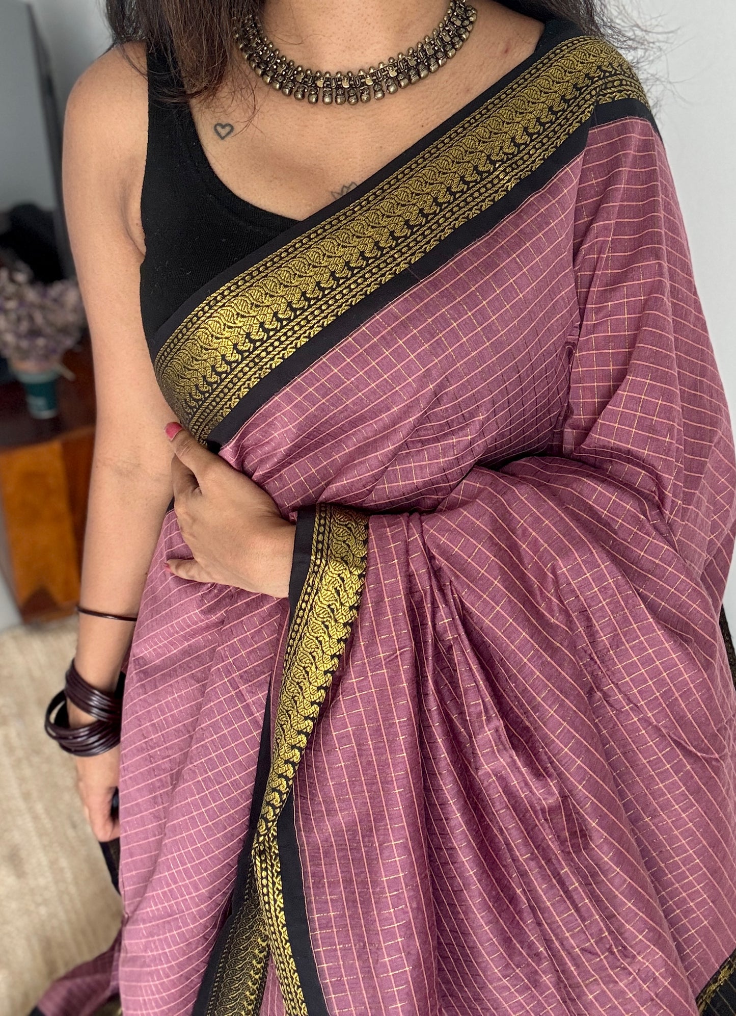 Copper rose with black contrast border, checkered - Kalyani Cotton Silk - YCCOTNKCSC12