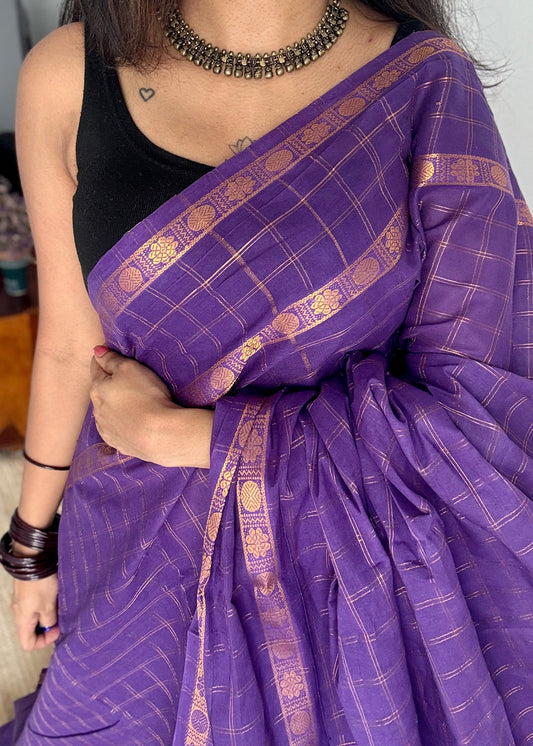 Violet adayar zari kattam, sungudi cotton, with contrast blouse fabric - YCCOTNAZKR05