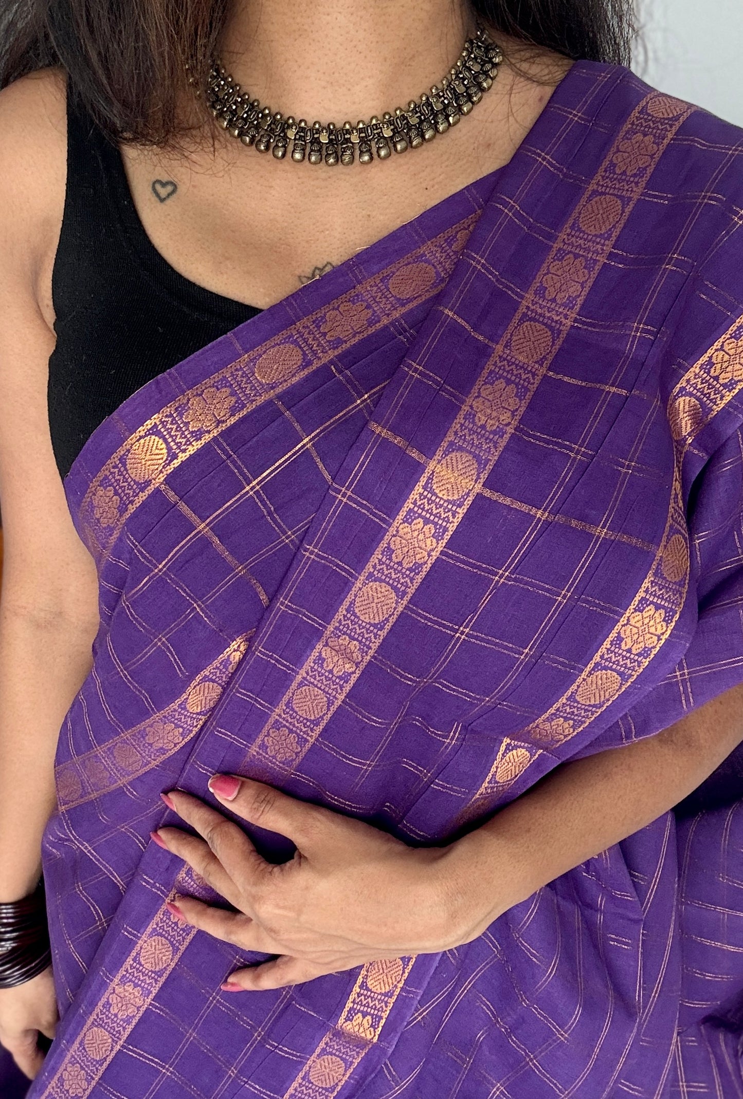 Violet adayar zari kattam, sungudi cotton, with contrast blouse fabric - YCCOTNAZKR05