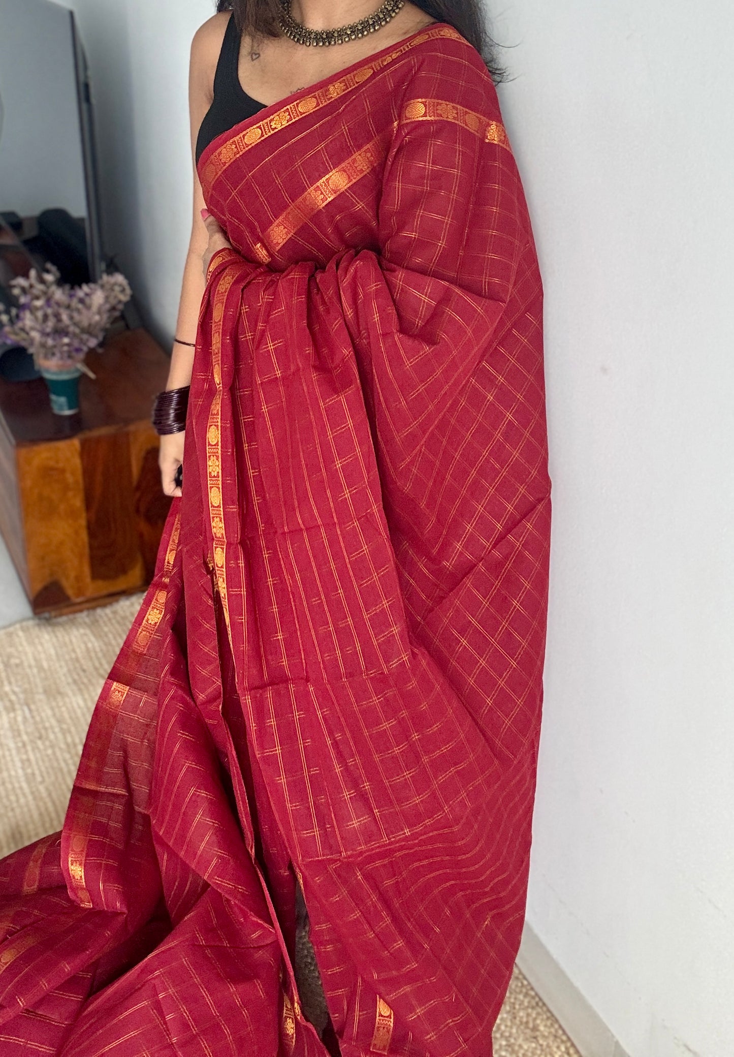Maroon adayar zari kattam, sungudi cotton, with contrast blouse fabric - YCCOTNAZKR03