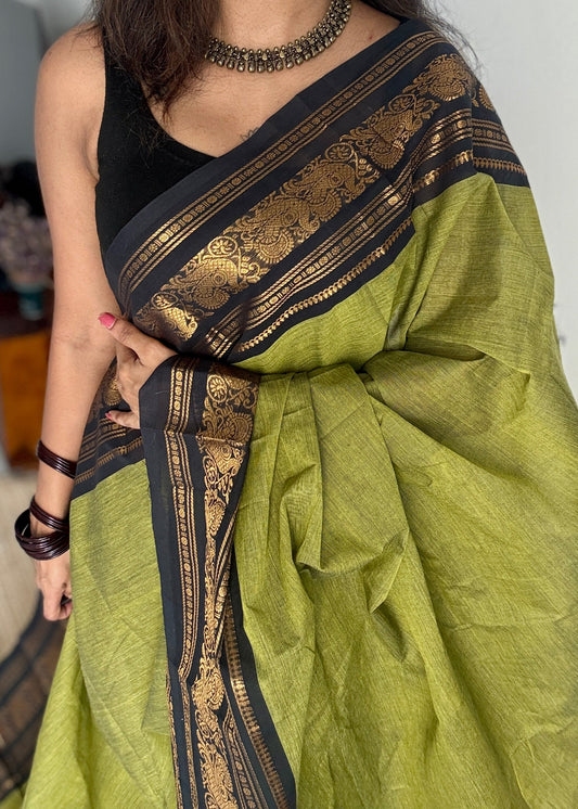 Green with Black Contrast Peacock Motif Border - Chettinad Cotton - YCCOTNCLWB09