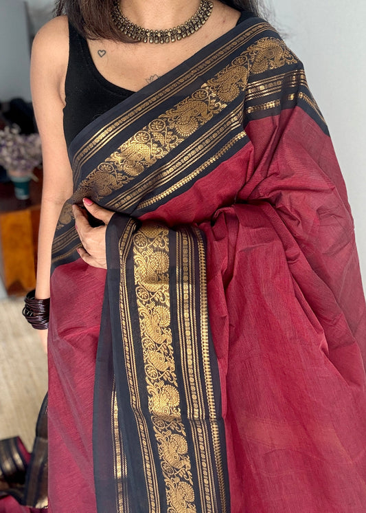 Maroon with Black Contrast Peacock Motif Border - Chettinad Cotton - YCCOTNCLWB08