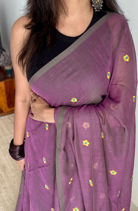 Dusty Purple Floral Embroidery - Mul Cotton YCBCFES16
