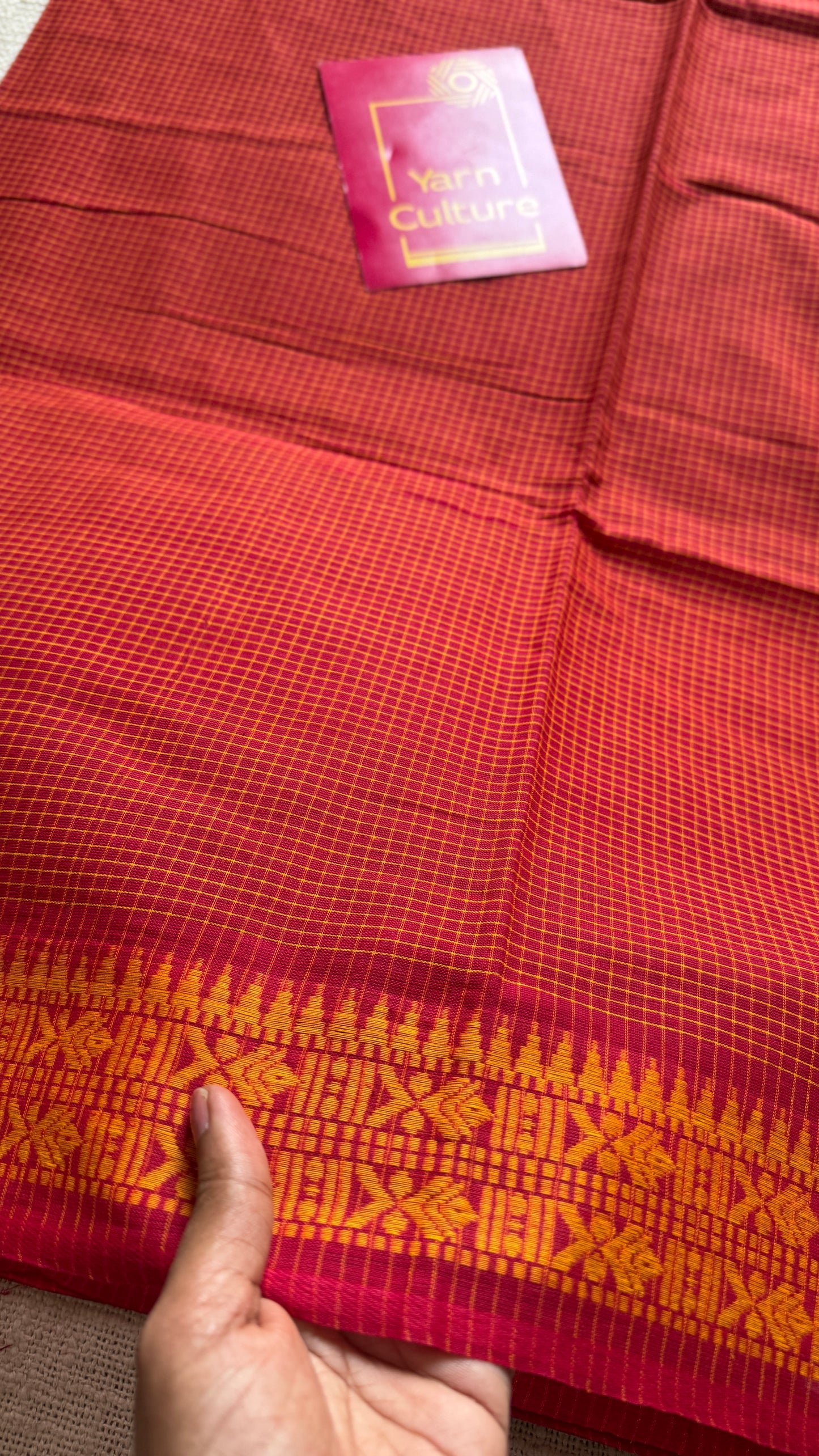 Laal Shaada Golpo (A Red-Yellow Story) - Red Yellow Checkered Dhaniakhali Soft Cotton