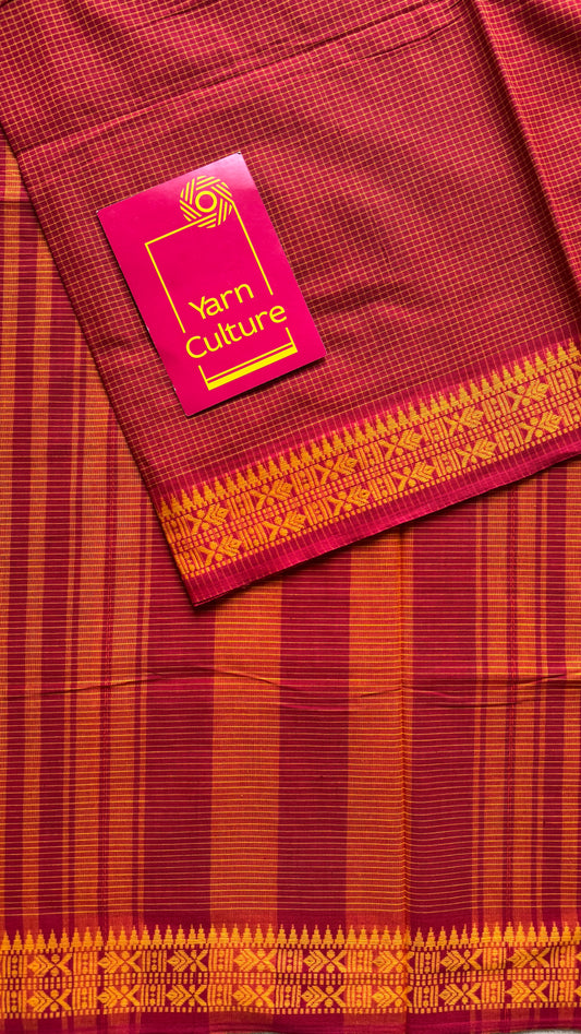 Laal Shaada Golpo (A Red-Yellow Story) - Red Yellow Checkered Dhaniakhali Soft Cotton