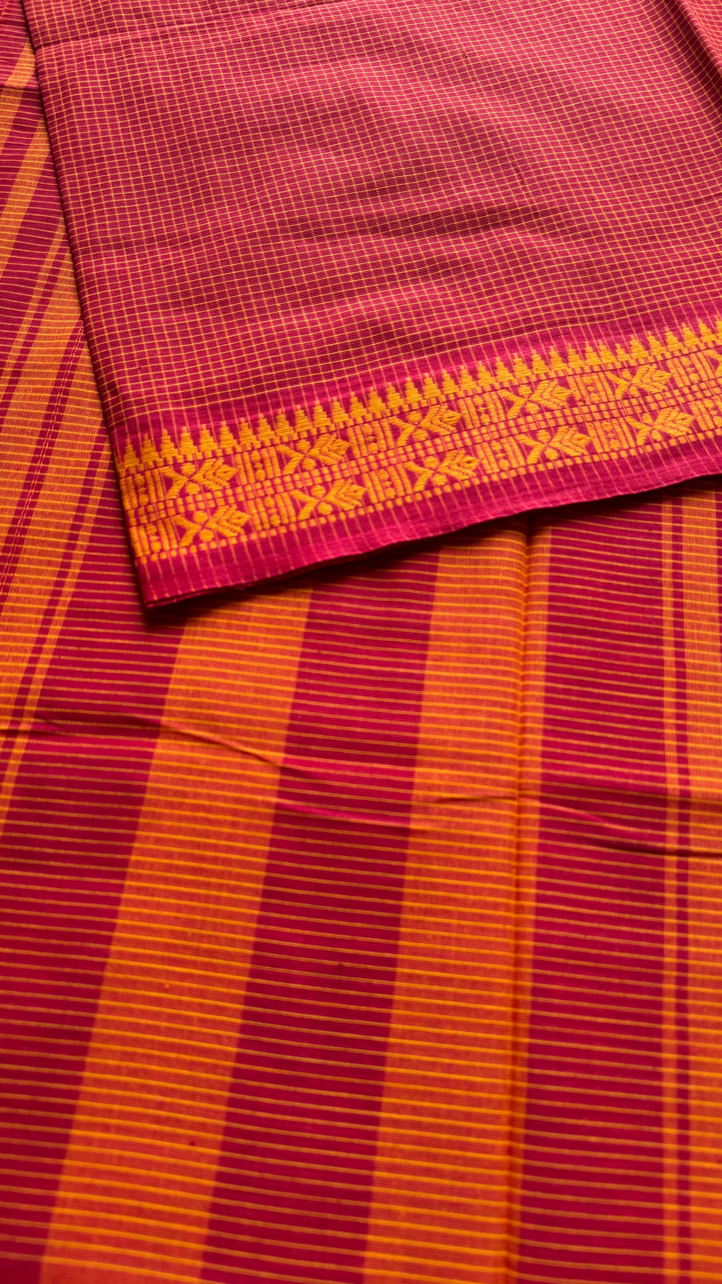 Laal Shaada Golpo (A Red-Yellow Story) - Red Yellow Checkered Dhaniakhali Soft Cotton